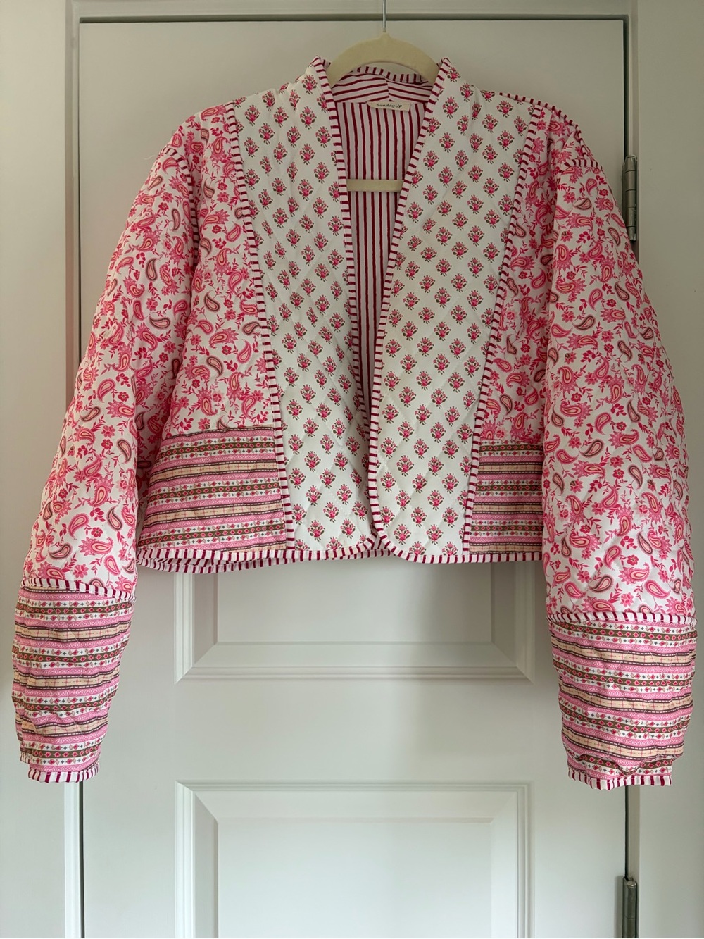 Sunday Up Pink and White Patterned Quilted Bomber Jacket with Striped Trim